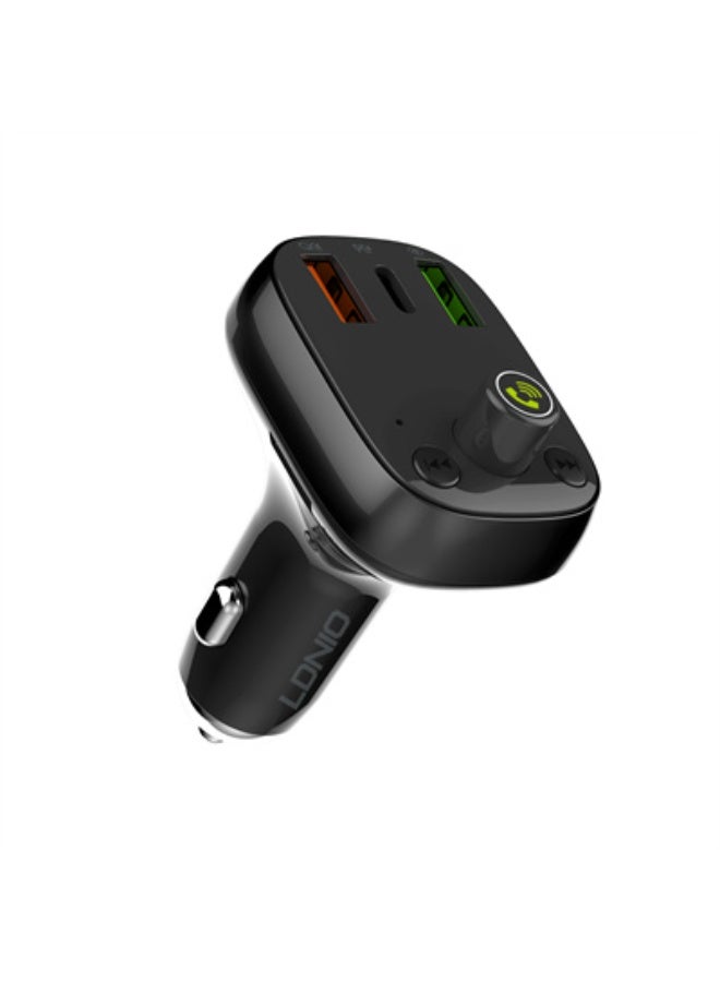 لدنيو شاحن سيارة C704Q مزود بجهاز إرسال FM وبلوتوث 5.0، و3 منافذ USB (PD وQC 4+)، وميزة الاتصال بدون استخدام اليدين، وعرض الجهد في الوقت الفعلي، ويتضمن كابل USB إلى Lightning، وشحن سريع لأجهزة iPhone والأجهزة المحمولة. - Image 1